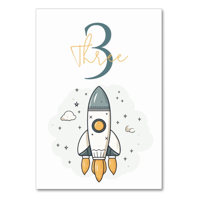 Soft Pastel Beige Rocket Ship Table Number (Front)