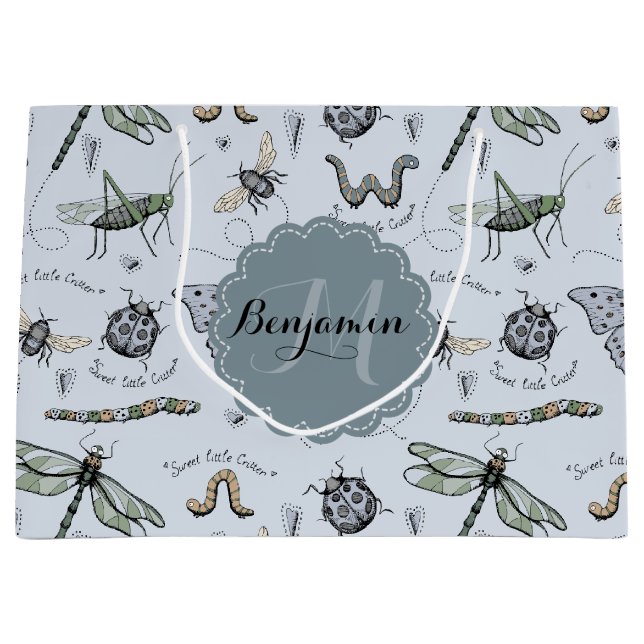 Soft Pastel Blue Boho Baby Bugs Kids & Baby Large Gift Bag (Front)