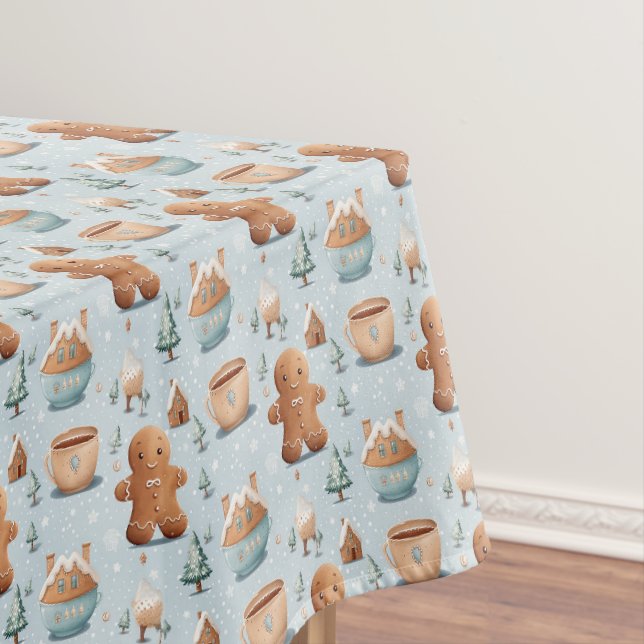 Soft pastel blue brown Christmas gingerbread men Tablecloth (In Situ)