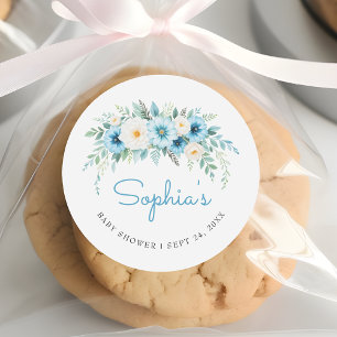 Soft Pastel Blue Floral Elegant Baby Shower Favor Classic Round Sticker