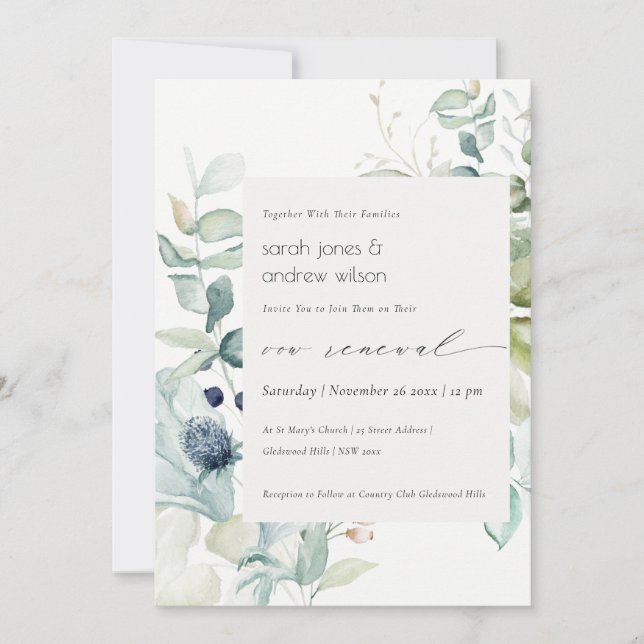 Soft Pastel Blue Green Foliage Vow Renewal Invite (Front)