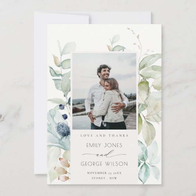 Soft Pastel Blue Green Frame Foliage Wedding Photo Thank You Card (Front)