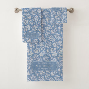 Soft Pastel Blue & Grey White Floral Boho Pattern Bath Towel Set