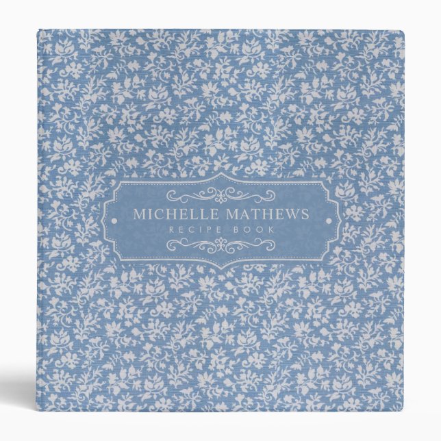 Soft Pastel Blue & Grey White Floral Boho Pattern Binder (Front)