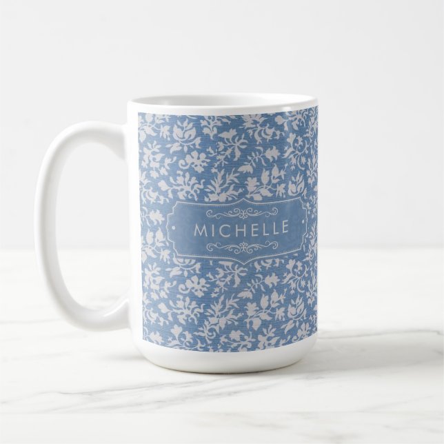 Soft Pastel Blue & Grey White Floral Boho Pattern Coffee Mug (Left)