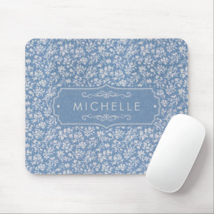 Soft Pastel Blue & Grey White Floral Boho Pattern Mouse Pad