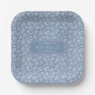 Soft Pastel Blue & Grey White Floral Boho Pattern Paper Plate