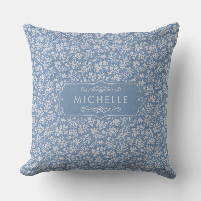 Soft Pastel Blue & Grey White Floral Boho Pattern Throw Pillow (Front)