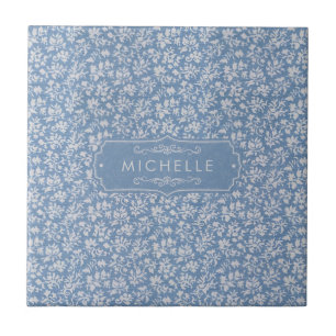 Soft Pastel Blue & Grey White Floral Boho Pattern Tile