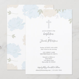 Soft Pastel Blue Peonies Cross Boy Baptism Invitation