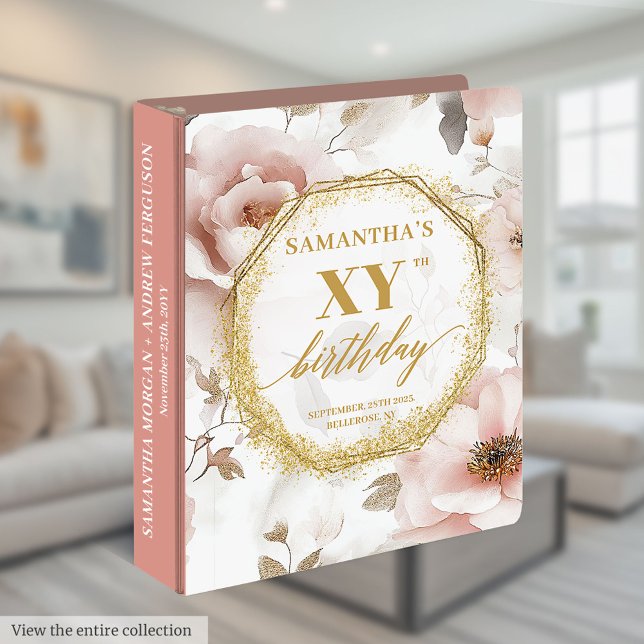 Soft Pastel Blush Pink Flowers Gold Birthday Album Binder (Soft Pastel Blush Pink Flowers Gold Birthday Album 3 ring binder)