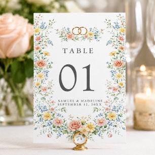 Soft Pastel Blush Watercolor Wildflower Wedding Table Number