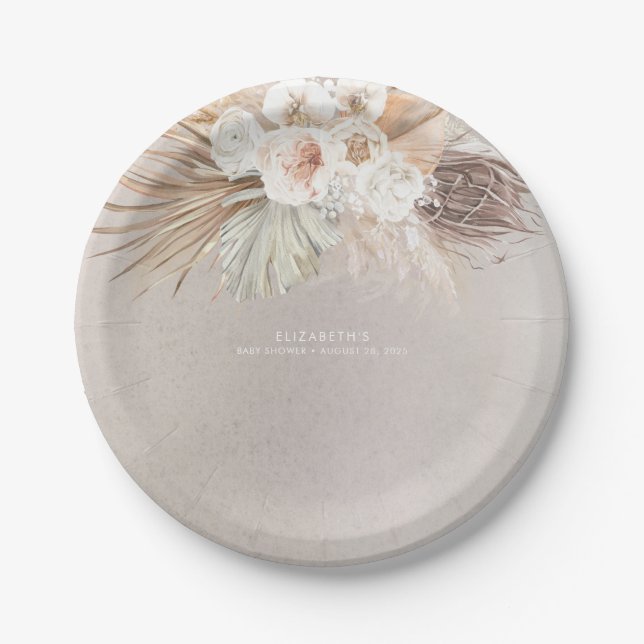 Soft Pastel Brown Pampas Grass and Flowers  Paper Plate (Front)