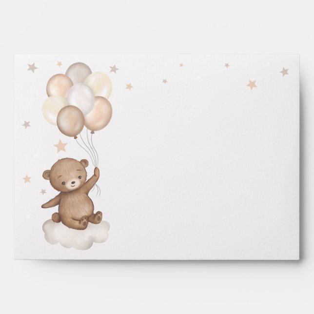 Soft Pastel Brown Teddy Bear Balloons Clouds Stars Envelope (Front)