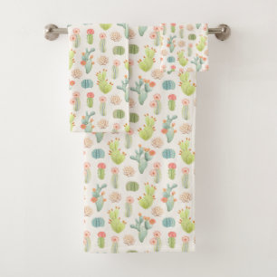 Soft Pastel Cactus & Succulent Pattern Bath Towel Set