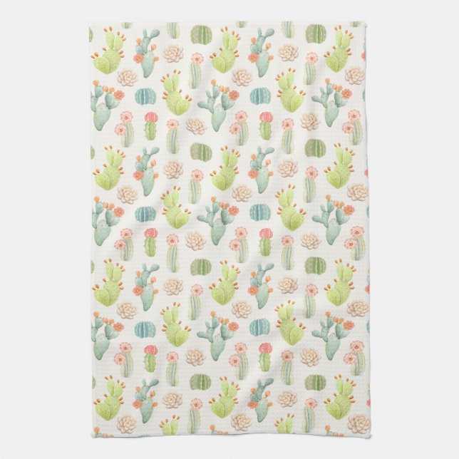 Soft Pastel Cactus & Succulent Pattern Kitchen Towel (Vertical)