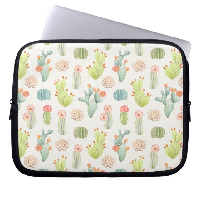 Soft Pastel Cactus & Succulent Pattern Laptop Sleeve (Front)