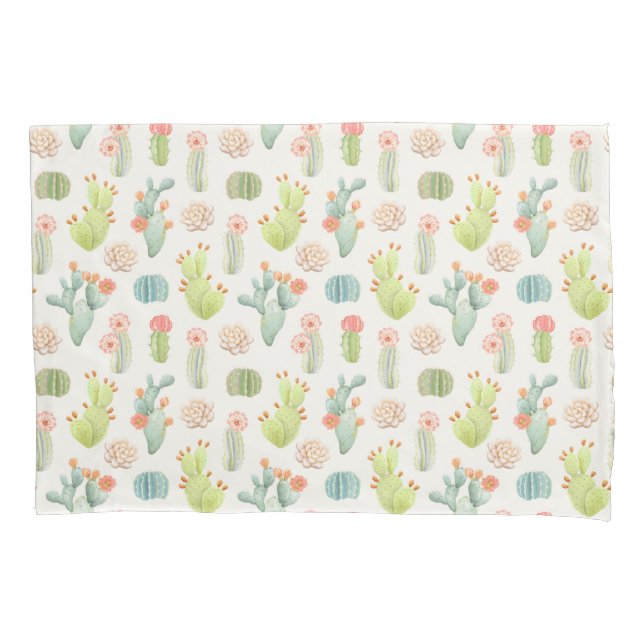 Soft Pastel Cactus & Succulent Pattern Pillowcase (Front-Left)