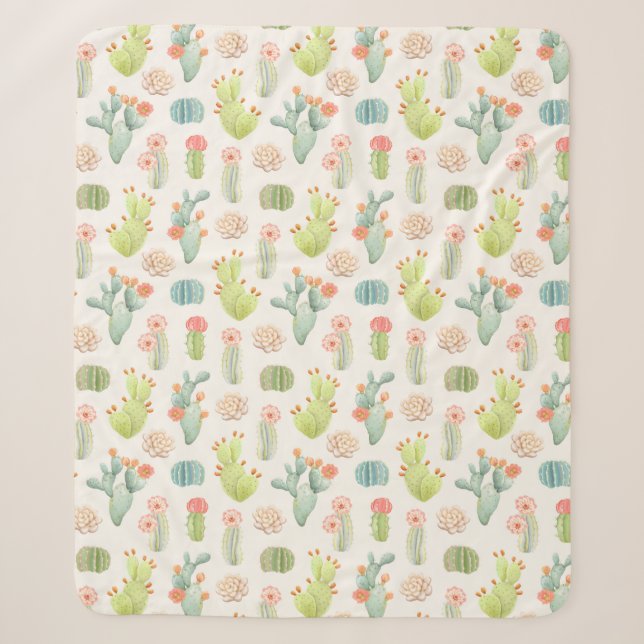 Soft Pastel Cactus & Succulent Pattern Sherpa Blanket (Front)
