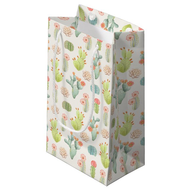 Soft Pastel Cactus & Succulent Pattern Small Gift Bag (Front Angled)