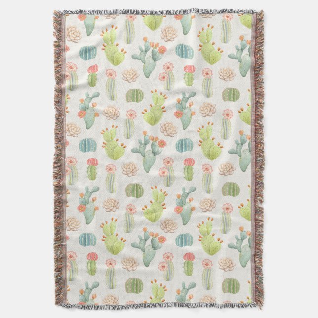 Soft Pastel Cactus & Succulent Pattern Throw Blanket (Front Vertical)