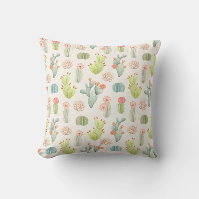 Soft Pastel Cactus & Succulent Pattern Throw Pillow (Front)