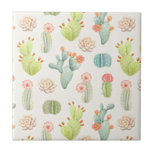 Soft Pastel Cactus & Succulent Pattern Tile