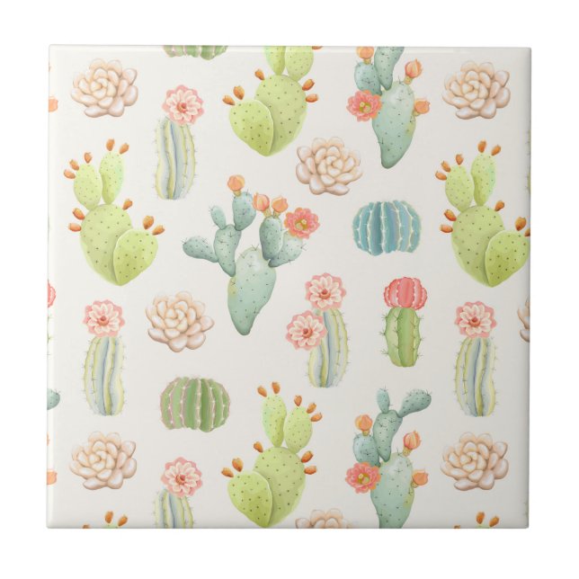 Soft Pastel Cactus & Succulent Pattern Tile (Front)