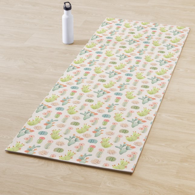 Soft Pastel Cactus & Succulent Pattern Yoga Mat (In Situ)