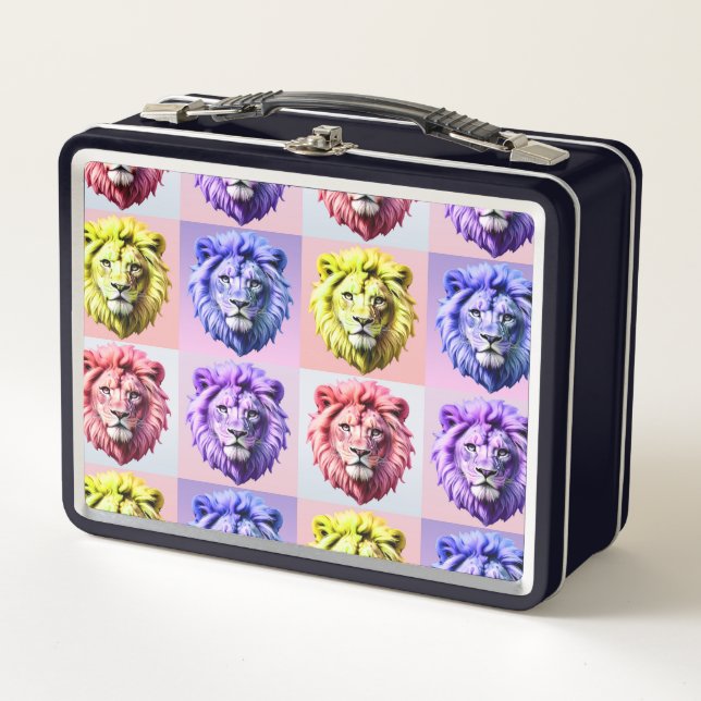 Soft Pastel Colour Lion Head Check Pattern Design  Metal Lunch Box (Front)