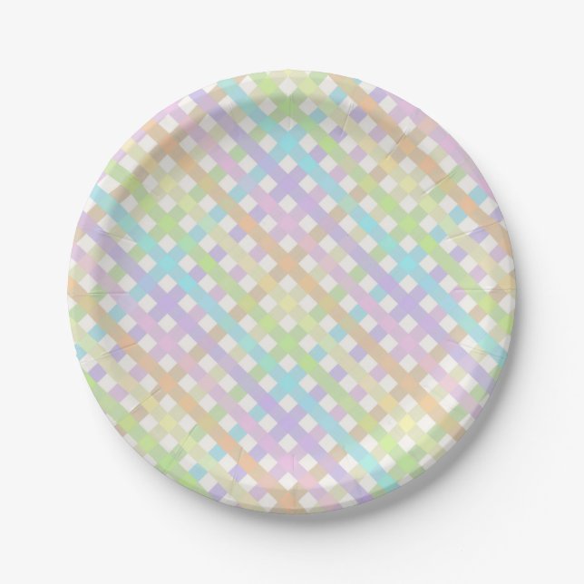 Soft Pastel Colourful Rainbow Gingham Plaid Paper Plate (Front)