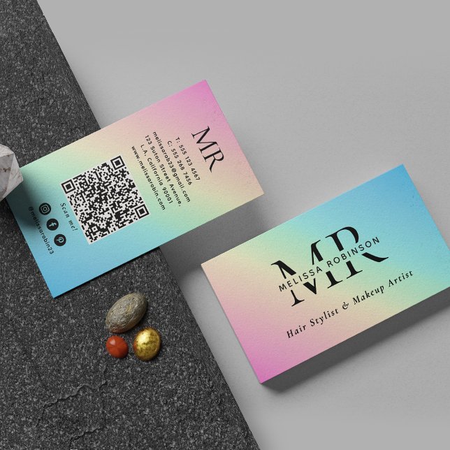 Soft Pastel Colourful Rainbow Gradient Monogram Business Card (Creator Uploaded)