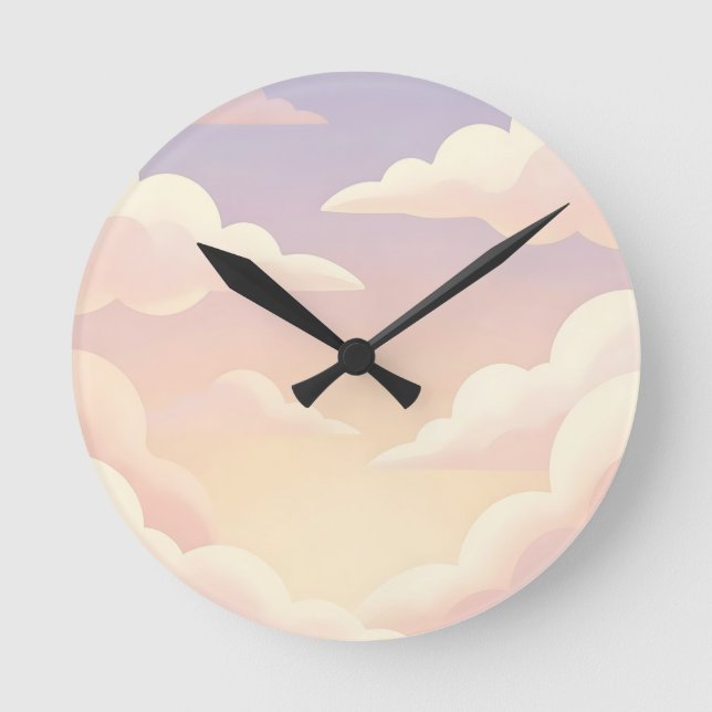 Soft Pastel Dreamy Clouds Lavender Pink Sky  Round Clock (Front)
