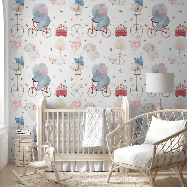Soft Pastel Elephant Baby Animals Nursery Wallpaper (Kids)
