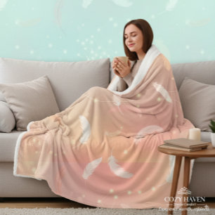 Soft Pastel Feathers Romantic Pink & Gold Cozy Sherpa Blanket