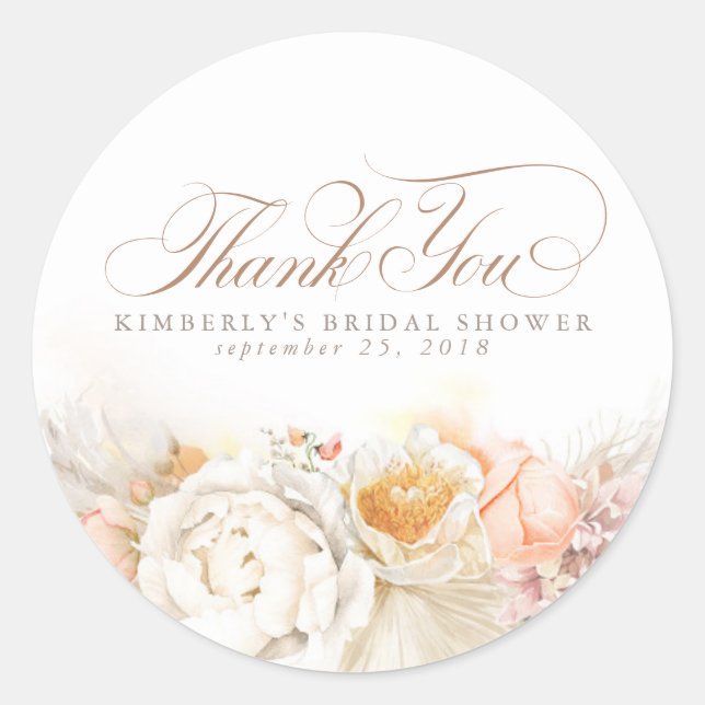 Soft Pastel Floral Pampas Grass Thank You Classic Round Sticker (Front)
