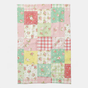 Soft Pastel Floral Patchwork Gingham Check Kitchen Towel