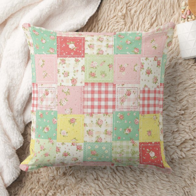Soft Pastel Floral Patchwork Gingham Check Throw Pillow (Blanket)