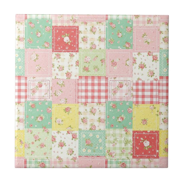 Soft Pastel Floral Patchwork Gingham Check Tile (Front)