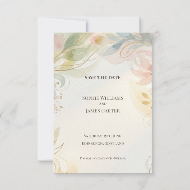 Soft Pastel Floral Save The Date Card (Front)