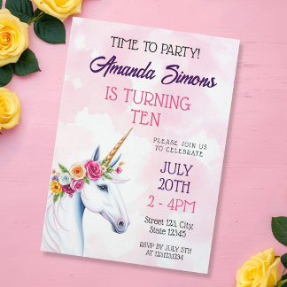 Soft Pastel Floral Unicorn Fantasy 10th Birthday Invitation