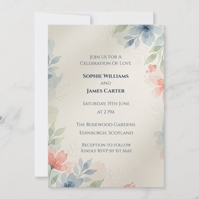 Soft Pastel Floral Watercolour Scottish Wedding In Invitation (Front)