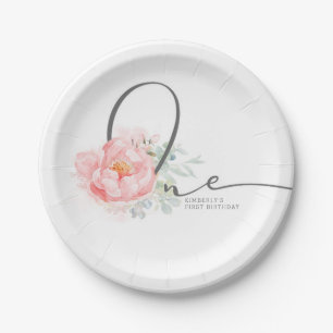 Soft Pastel Flower Elegant Script 1st Birthday Pap Paper Plate