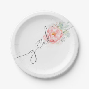 Soft Pastel Flower Elegant Script Baby Shower Pape Paper Plate