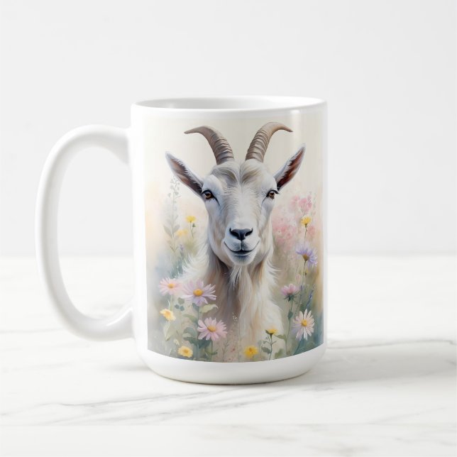 Soft Pastel Flower Field Goat Portrait Coffee Mug (Left)