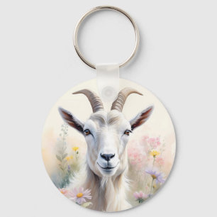 Soft Pastel Flower Field Goat Portrait Keychain