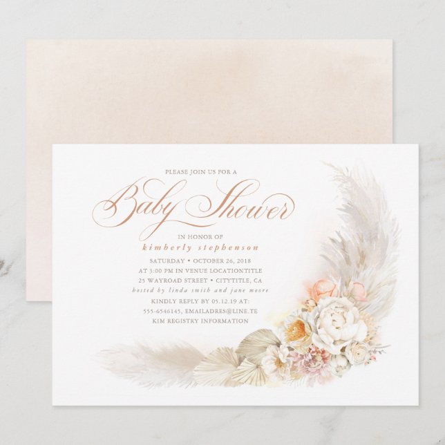 Soft Pastel Flowers and Pampas Grass Baby Shower Invitation (Front/Back)