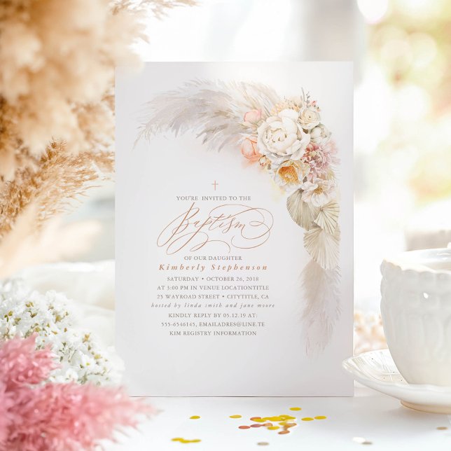 Soft Pastel Flowers and Pampas Grass Cute Baptism Invitation (Elegant Soft Hues Flowers Boho Baptism Invitations)