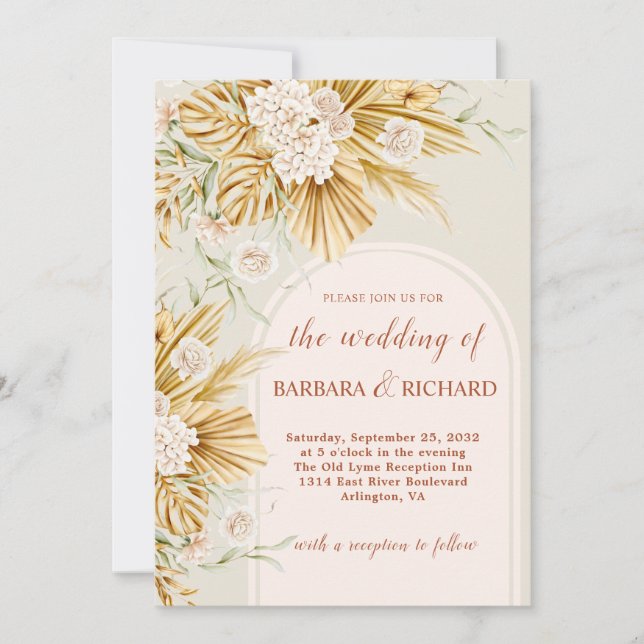 Soft Pastel Flowers Pampas Grass Boho Wedding  Invitation (Front)