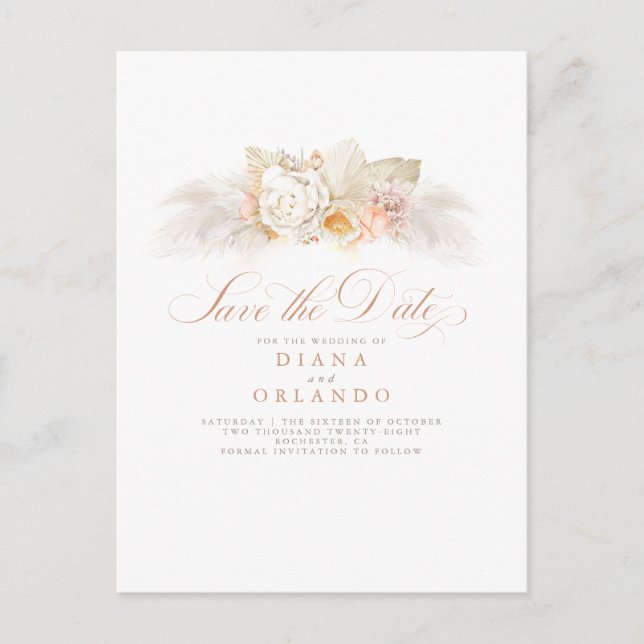 Soft Pastel Flowers Pampas Grass Save the Date Announcement Postcard (Front)